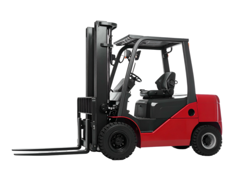 Side view of a modern forklift, with a red body and black accents against a black background