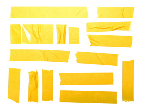 Assortment of torn yellow adhesive strips against a stark black backdrop
