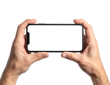 Human hands holding a rectangular device with a blank screen against a black background