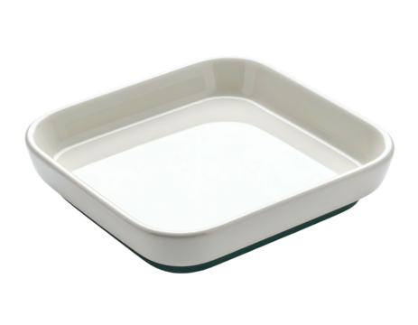 Empty, square, glossy, white and green ceramic dish with rounded edges, isolated on black