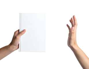 Close-up of two hands, one holding a blank book, the other gesturing