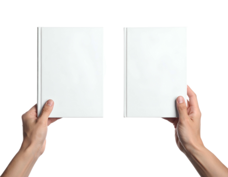 Two hands each hold a closed book, blank white covers facing the viewer against black