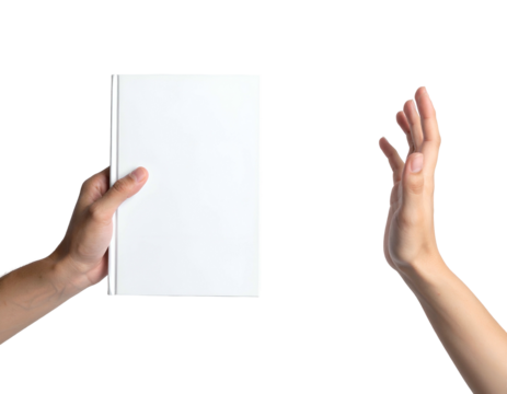 Close-up of two hands, one holding a blank book, the other gesturing