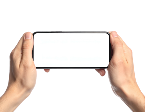 Close-up of two hands holding a horizontal smartphone with blank white screen, black background