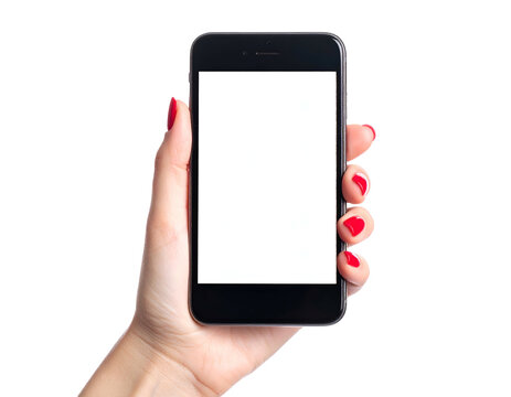 Hand holding a black rectangular device with a blank white screen against black background