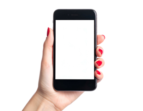 Hand holding a black rectangular device with a blank white screen against black background