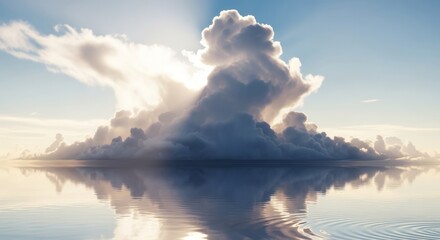 Obraz premium Majestic storm clouds illuminated by sunrays over calm water mirroring the dramatic sky.