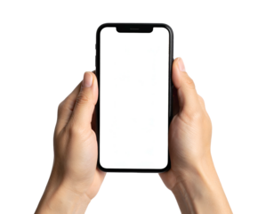 Close-up of human hands holding a blank-screen smartphone against a black background