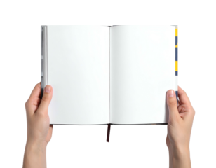 Close-up view of hands holding open blank notebook with crisp white pages, ready to write
