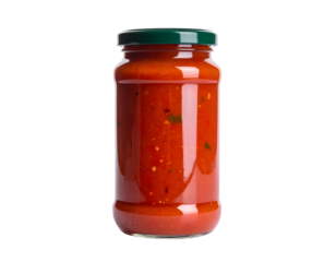 A glass jar filled with a vibrant red tomato sauce, sealed with a green lid