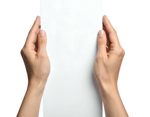 Two hands gently holding a blank white vertical sheet of paper against a black background