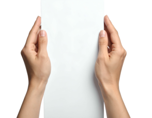 Two hands gently holding a blank white vertical sheet of paper against a black background