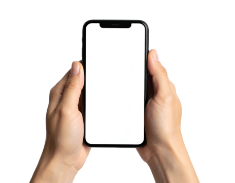 Close-up of human hands holding a blank-screen smartphone against a black background