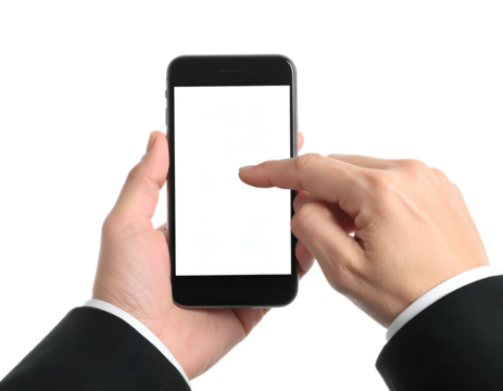 A close-up of hands holding a smartphone with a blank white screen, touching it