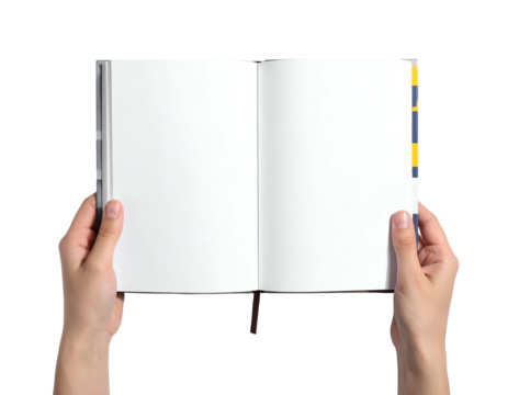 Close-up view of hands holding open blank notebook with crisp white pages, ready to write
