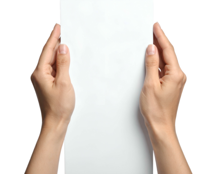Two hands gently holding a blank white vertical sheet of paper against a black background