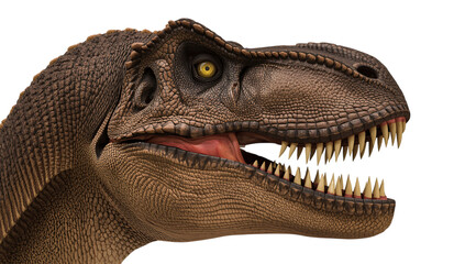 Close-up profile of a Tyrannosaurus Rex dinosaur head with sharp teeth and yellow eyes on png black T-Rex