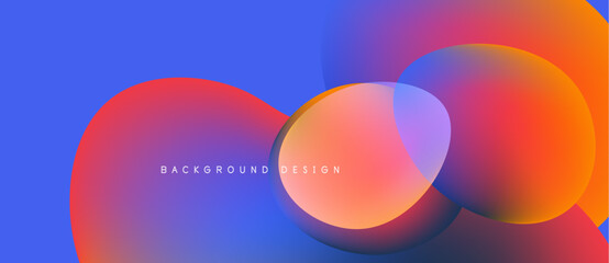 Abstract fluid shapes overlap, creating vibrant color gradients. Blue, orange, red hues blend seamlessly. Modern design element.