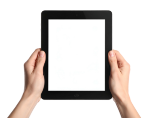 Person's hands holding a blank, black tablet with a bright, white screen