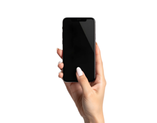 A person's hand holding a smartphone, a finger poised to interact on black background
