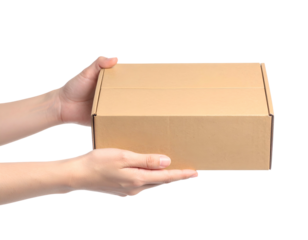 A pair of hands delicately holding a brown cardboard package against a black backdrop