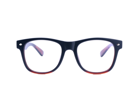 Square-framed eyeglasses with dark navy exterior, orange and white interior