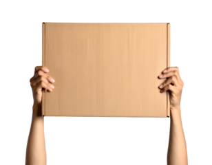A person's arms hold up a blank cardboard box against a stark, black background