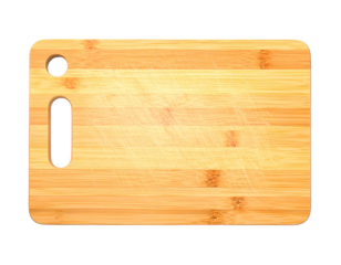 A rectangular wooden cutting board with a handle and round hanging hole, isolated on black
