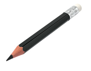Close-up view of a black pencil with a pink eraser and a sharpened graphite tip