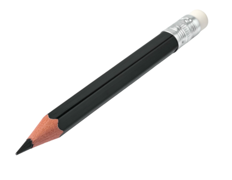 Close-up view of a black pencil with a pink eraser and a sharpened graphite tip
