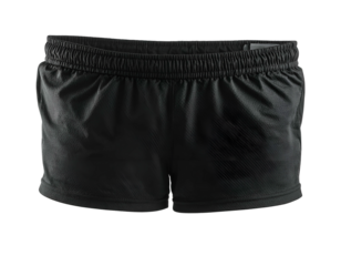 Black athletic shorts, simple design with elastic waistband, isolated against a dark background