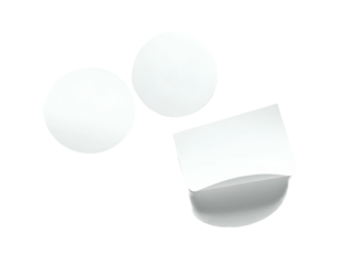 Abstract composition of white round and rectangular papers on a stark black background