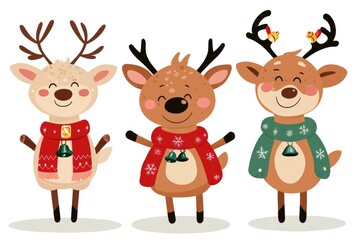 Fototapeta premium Festive cartoon reindeer trio with holiday antlers and accessories