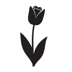 Simple black silhouette of a single tulip flower with two leaves and a stem, ideal for botanical designs, spring themes, and floral iconography