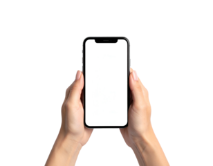 Close-up view of two hands holding a smartphone with a blank white screen, isolated