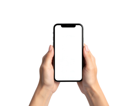 Close-up view of two hands holding a smartphone with a blank white screen, isolated