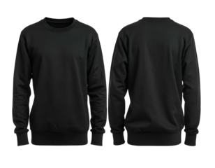 Front and back view of a solid black, long-sleeved garment against a dark background