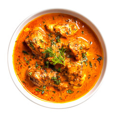 Delicious bowl of Chicken Tikka Masala with fresh cilantro and red peppers isolated on transparent background