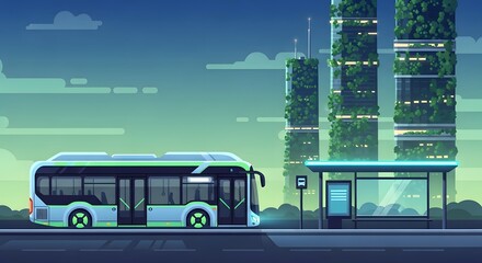 Modern Electric Bus at Night in Futuristic City with Green Vertical Gardens and Bus Stop
