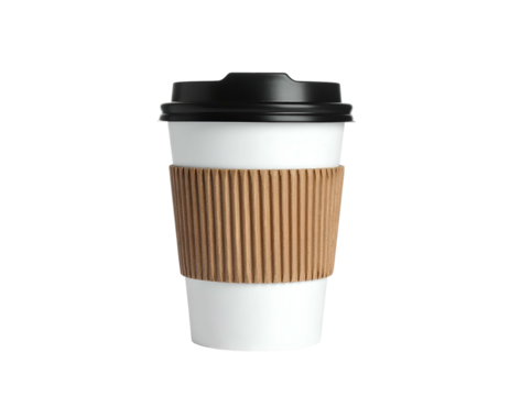 3D rendering of a takeaway coffee cup with a black lid and cardboard sleeve on black