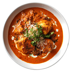 Delicious bowl of Chicken Tikka Masala with fresh cilantro and red peppers isolated on transparent background