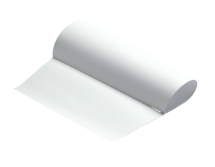 Isometric view shows a partially unrolled scroll of clean white paper against a black background