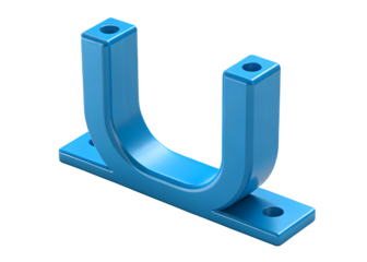 Close up of a bright blue metal u shaped bracket with two mounting holes on each end isolated on transparent background