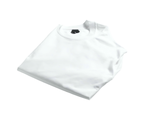 Folded white cotton t-shirt with round neckline, isolated on a transparent background, flat lay