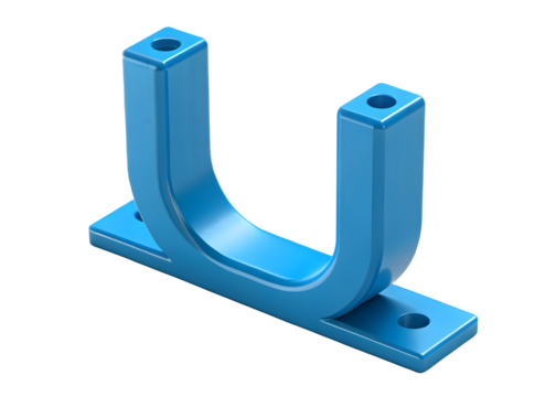 Close up of a bright blue metal u shaped bracket with two mounting holes on each end isolated on transparent background