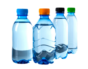 Four transparent plastic bottles with colorful caps, filled with clear, refreshing water