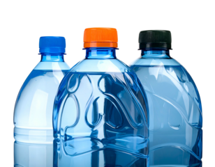 Three transparent plastic bottles filled with clear liquid, reflecting light