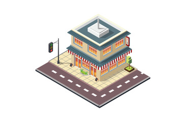 isometric illustration of a minimarket building with a car park near the main road. suitable for digital assets	