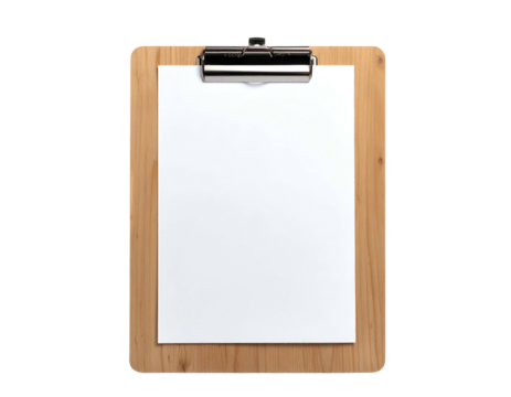 Top-down view of a wooden clipboard holding a blank white sheet of paper