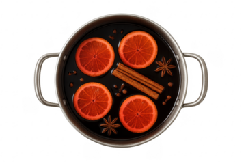 Mulled wine preparation in pot on transparent background